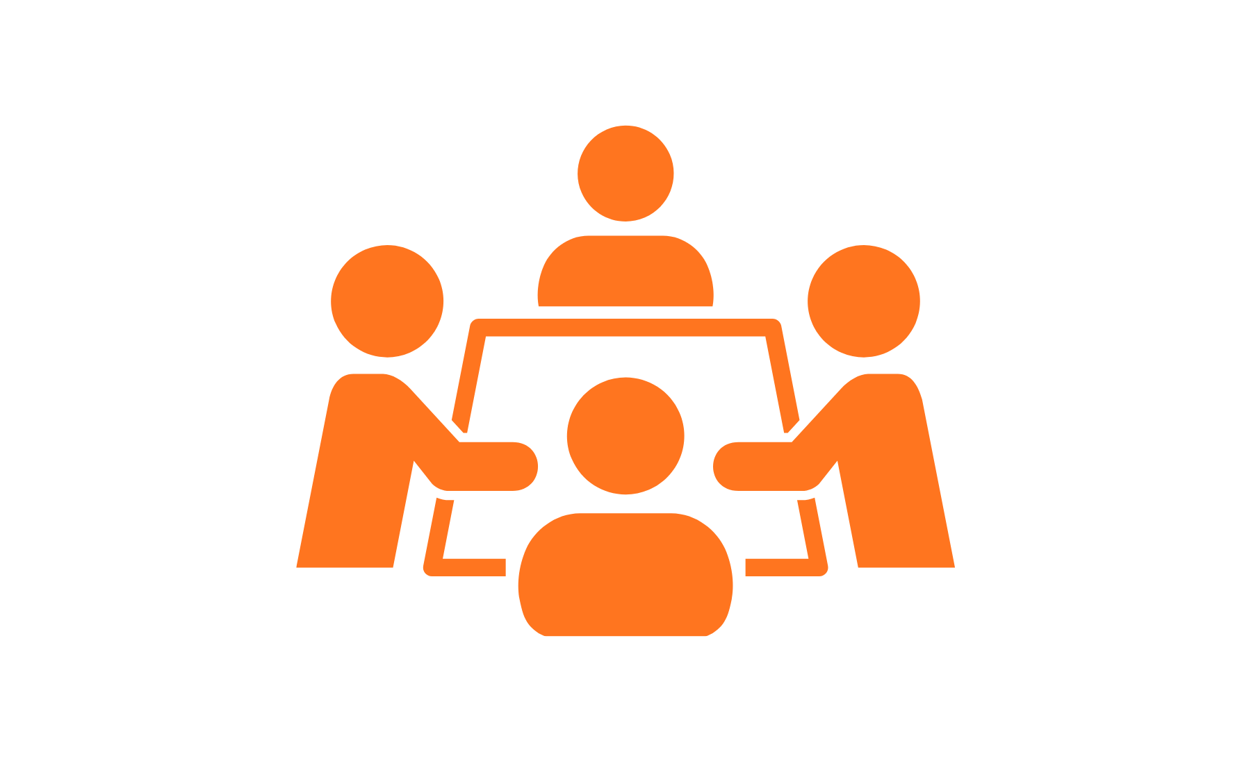 Icône orange représentant une réunion d’équipe autour d’une table sur fond noir.