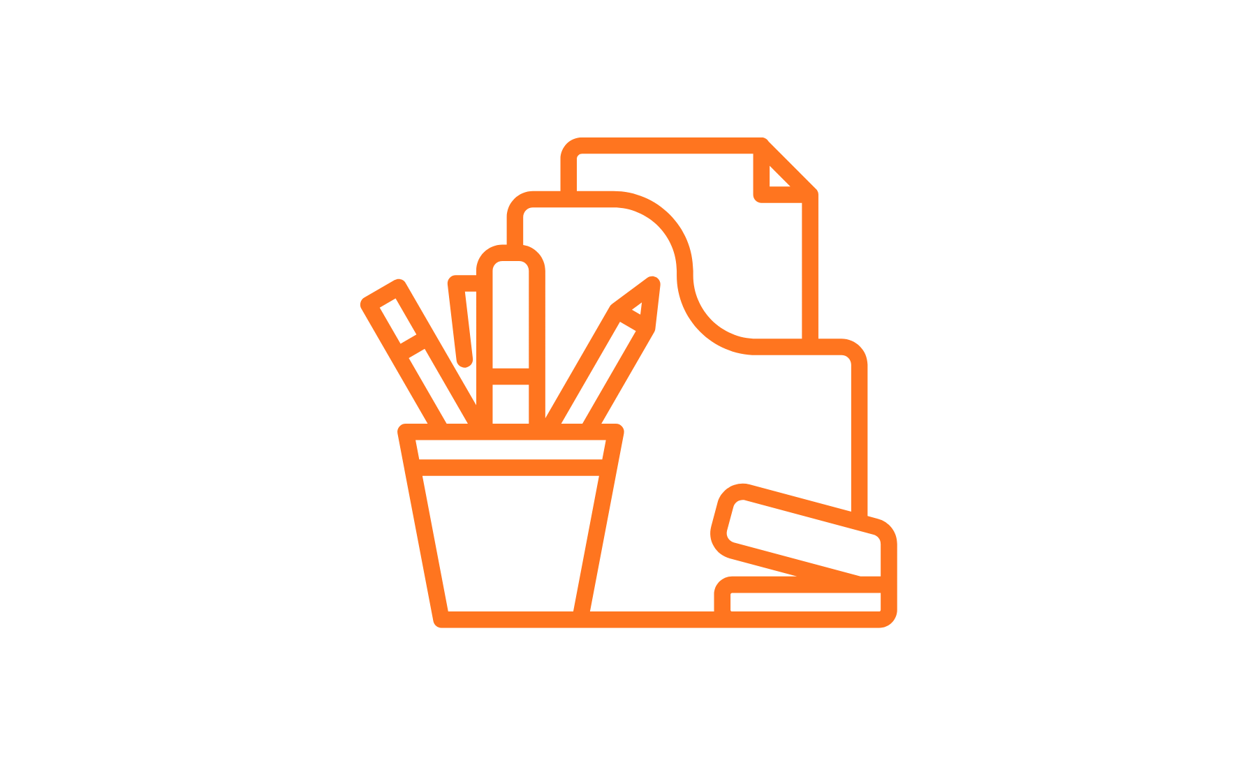 Icône orange représentant des fournitures de bureau sur fond noir, avec des crayons, feuilles et une gomme.