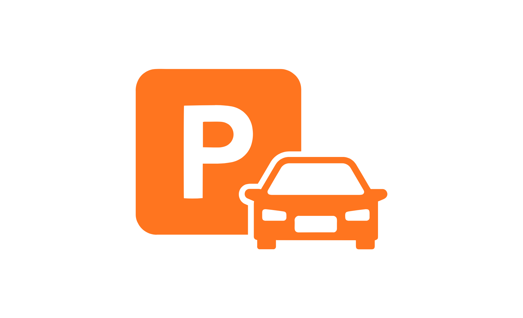 Icône orange représentant une place de parking avec une voiture sur fond noir.