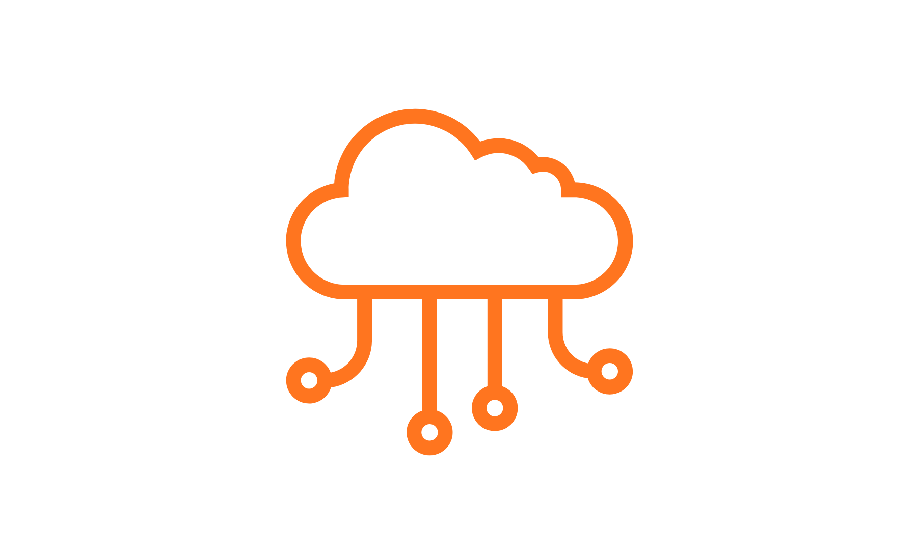 Icône orange représentant un nuage connecté sur fond noir, symbole du cloud computing.