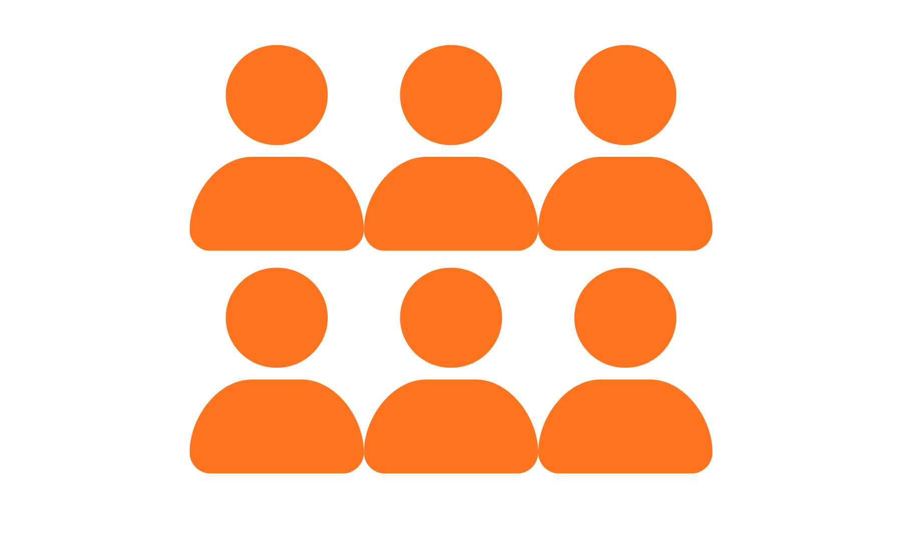 Icône de six utilisateurs orange sur fond noir, représentant une équipe ou un groupe.